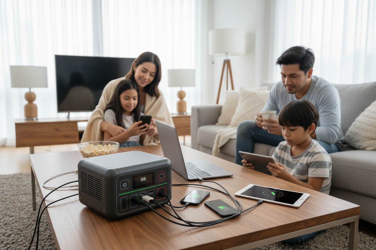 A family using a power station to charge items when the power goes out.